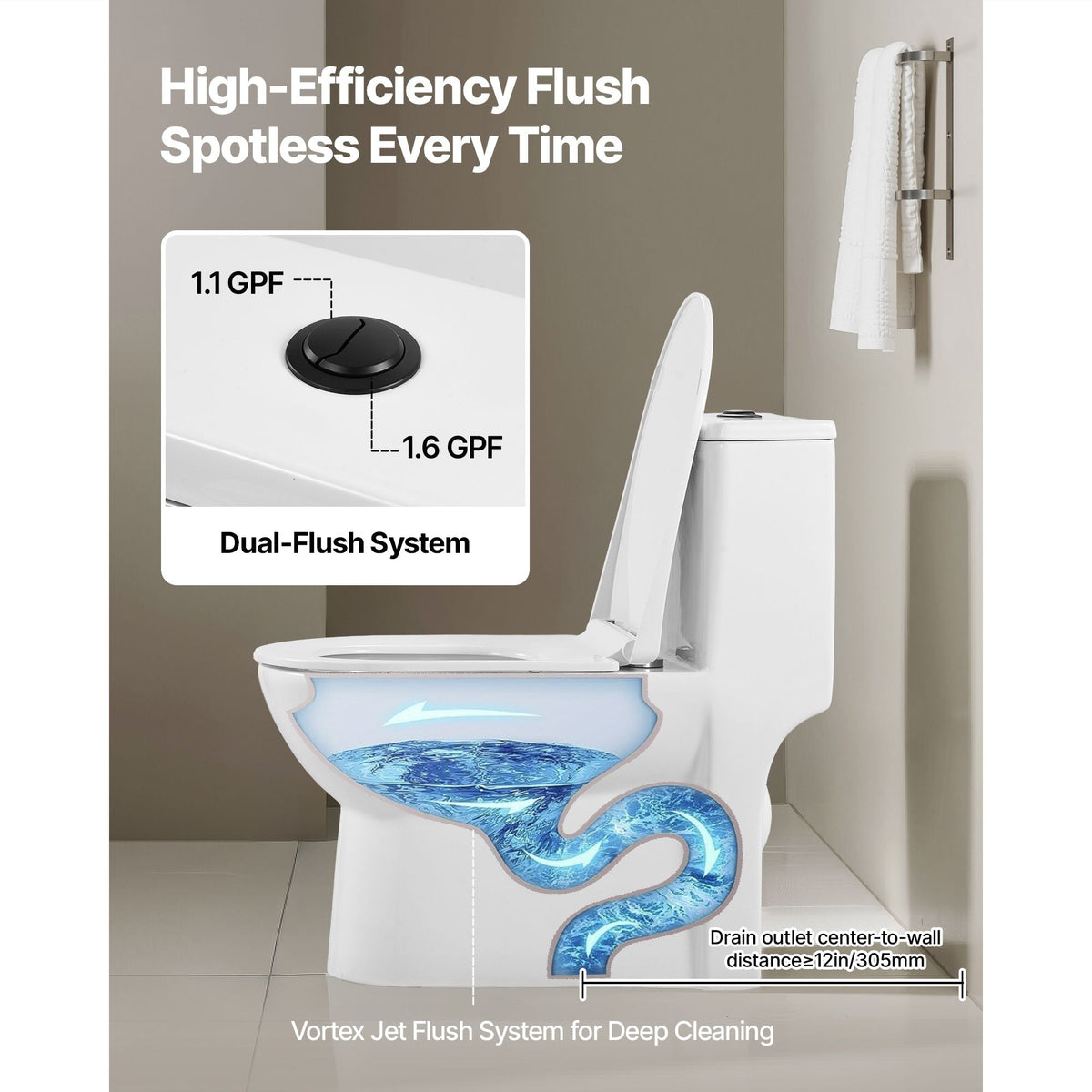 One-Piece Toilet, Elongated Toilet Vortex Dual-Flush 1.1/1.6 GPF, Toilets for Bathroom with Comfortable Chair Seat, 12 inch Rough-In, Black + White, Easy-Clean Skirted Design, Standard Height