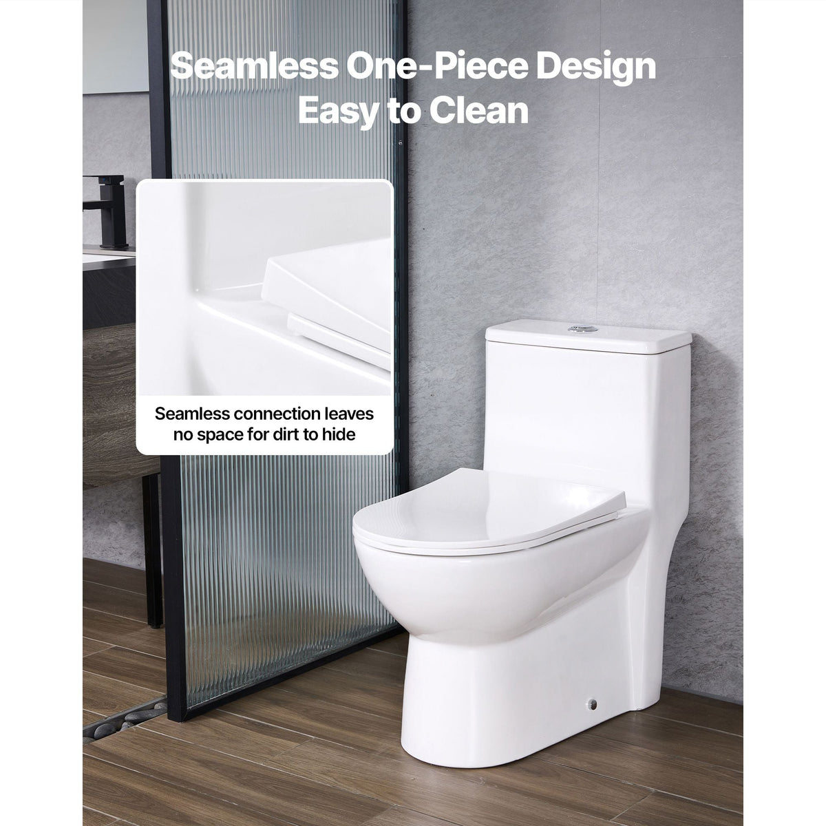 One-Piece Toilet, Elongated Toilet Vortex Dual-Flush 1.1/1.6 GPF, Toilets for Bathroom with Comfortable Chair Seat, Standard Height, Easy-Clean Skirted Design, 10 inch Rough-In, White + Silver