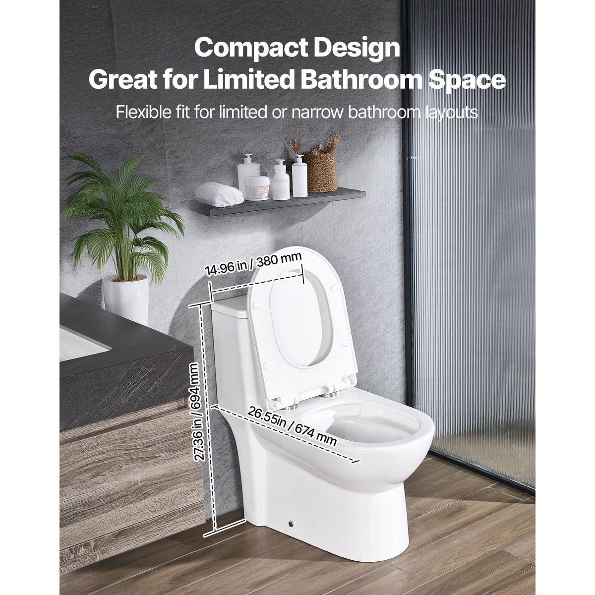 One-Piece Toilet, Elongated Toilet Vortex Dual-Flush 1.1/1.6 GPF, Toilets for Bathroom with Comfortable Chair Seat, Standard Height, Easy-Clean Skirted Design, 10 inch Rough-In, White + Silver