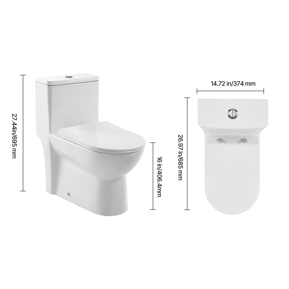 One-Piece Toilet, Elongated Toilet Vortex Dual-Flush 1.1/1.6 GPF, Toilets for Bathroom with Comfortable Chair Seat, Standard Height, Easy-Clean Skirted Design, 12 inch Rough-In, White + Silver
