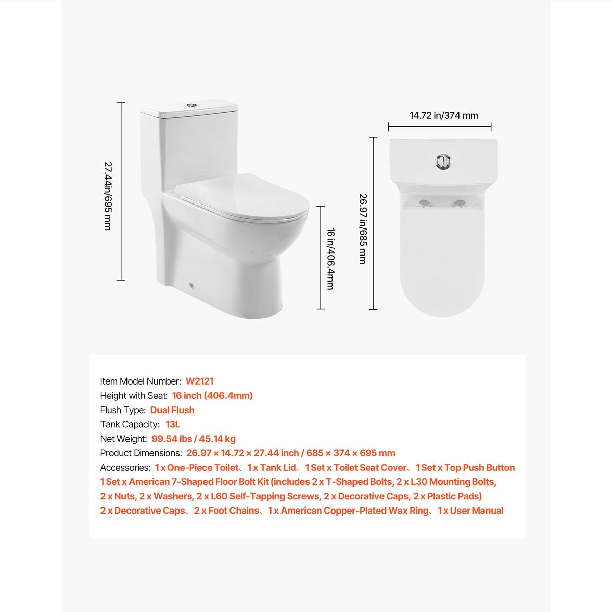One-Piece Toilet, Elongated Toilet Vortex Dual-Flush 1.1/1.6 GPF, Toilets for Bathroom with Comfortable Chair Seat, Standard Height, Easy-Clean Skirted Design, 12 inch Rough-In, White + Silver