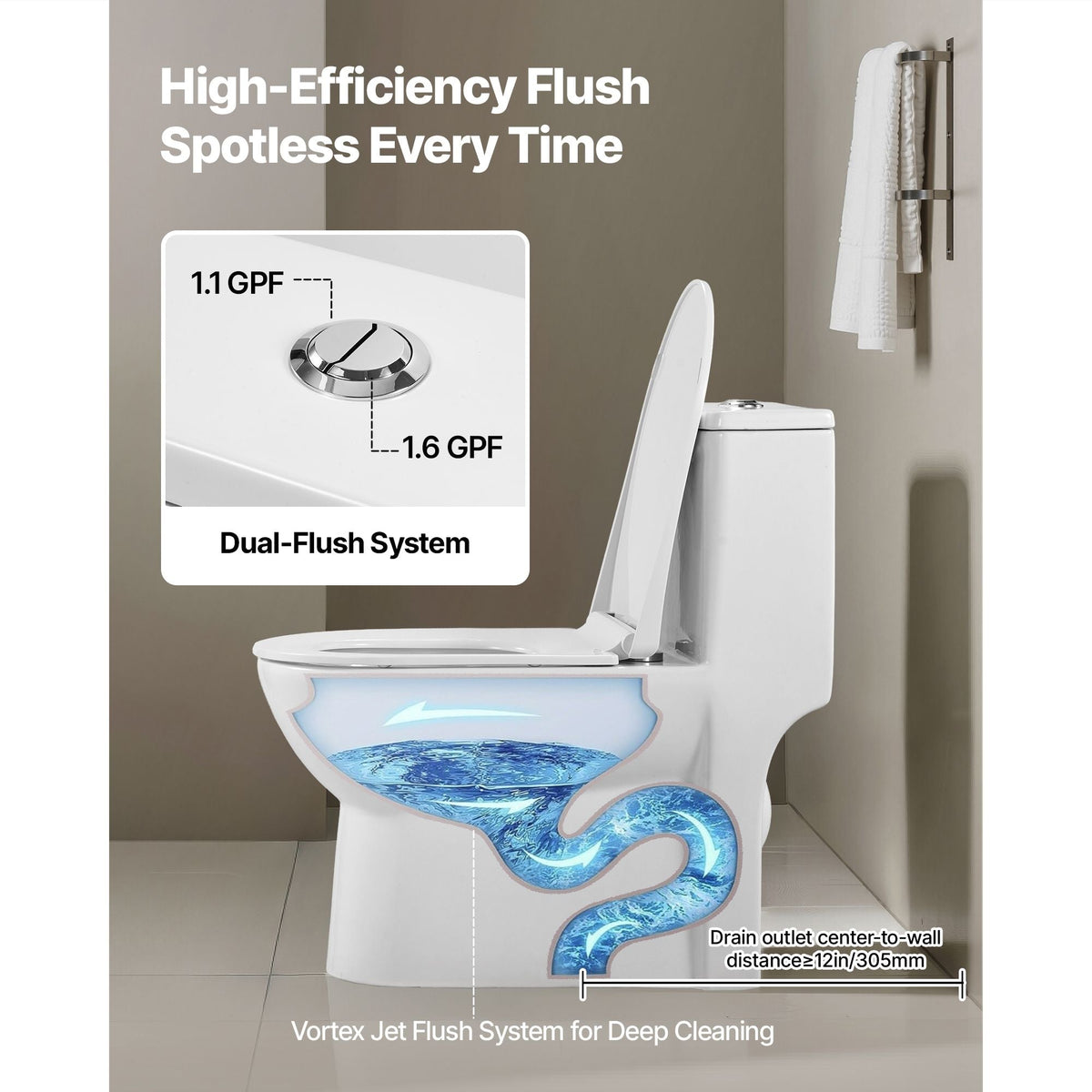 One-Piece Toilet, Elongated Toilet Vortex Dual-Flush 1.1/1.6 GPF, Toilets for Bathroom with Comfortable Chair Seat, Standard Height, Easy-Clean Skirted Design, 12 inch Rough-In, White + Silver