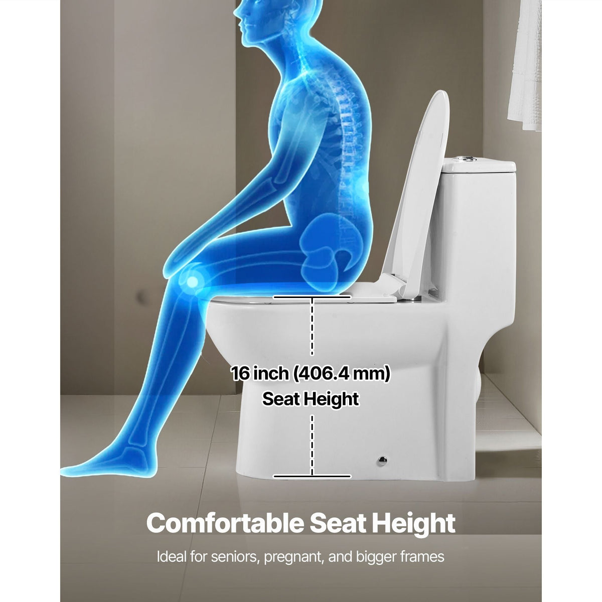 One-Piece Toilet, Elongated Toilet Vortex Dual-Flush 1.1/1.6 GPF, Toilets for Bathroom with Comfortable Chair Seat, Standard Height, Easy-Clean Skirted Design, 12 inch Rough-In, White + Silver