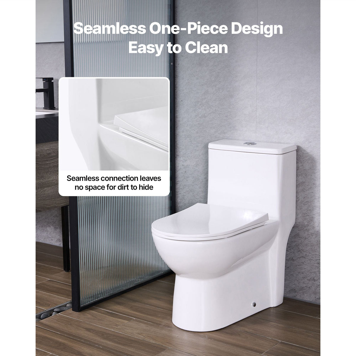 One-Piece Toilet, Elongated Toilet Vortex Dual-Flush 1.1/1.6 GPF, Toilets for Bathroom with Comfortable Chair Seat, Standard Height, Easy-Clean Skirted Design, 12 inch Rough-In, White + Silver