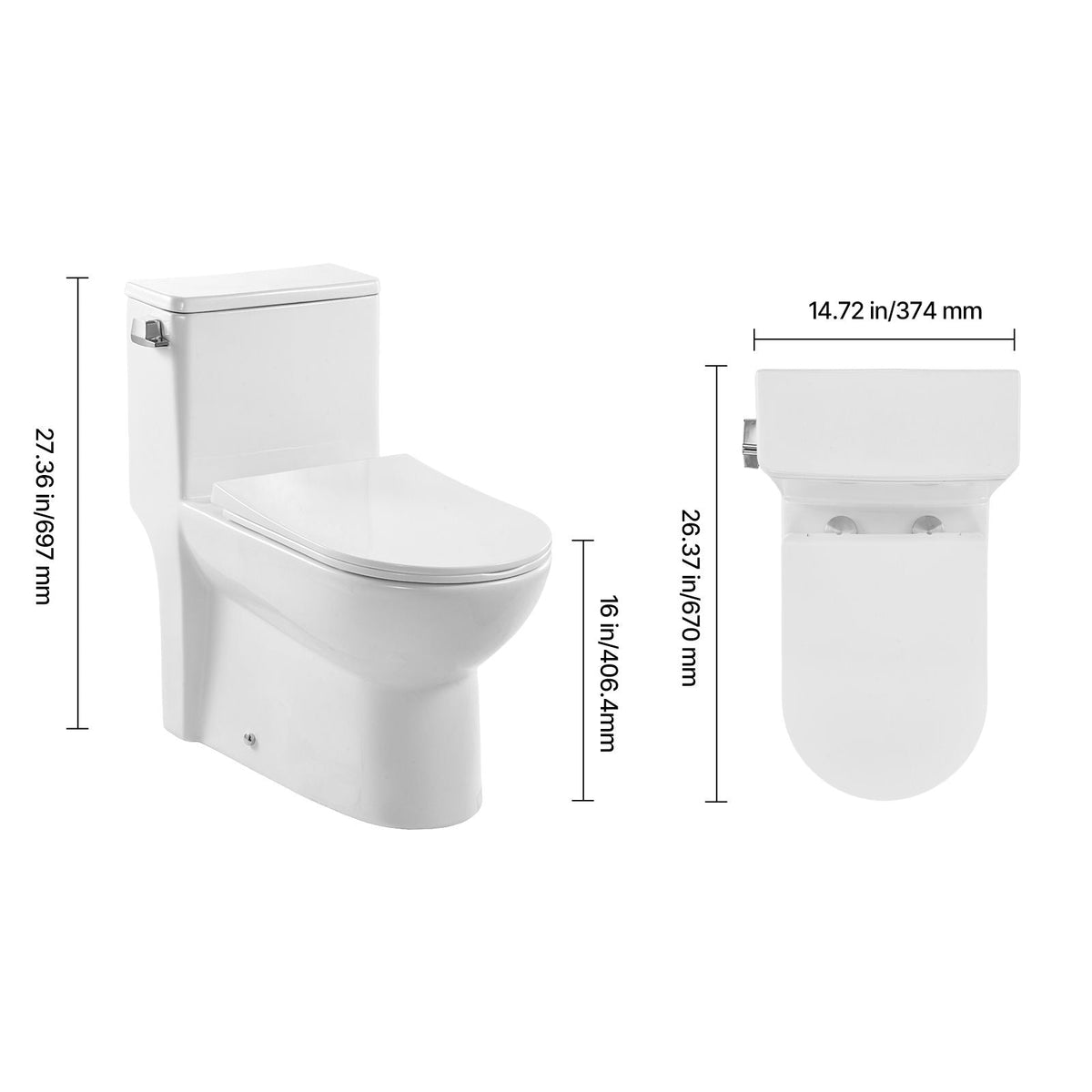 One-Piece Toilet, Elongated Toilet Vortex Left Flush 1.28 GPF, Toilets for Bathroom with Comfortable Chair Seat, Standard Height, Easy-Clean Skirted Design, 12 inch Rough-In, White + Silver