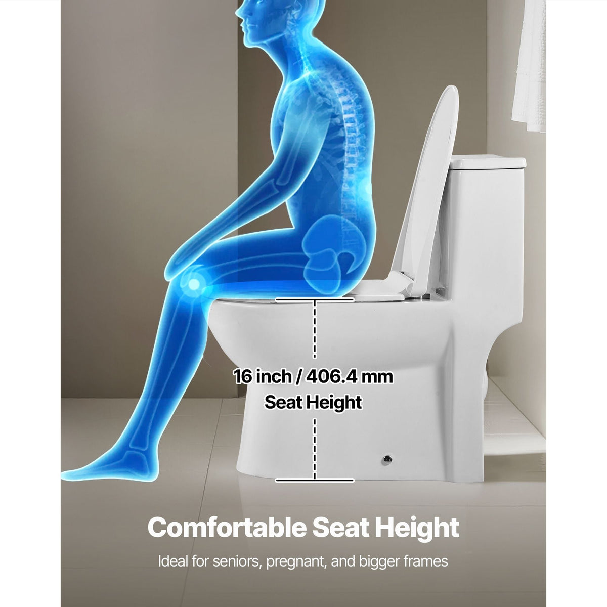 One-Piece Toilet, Elongated Toilet Vortex Left Flush 1.28 GPF, Toilets for Bathroom with Comfortable Chair Seat, Standard Height, Easy-Clean Skirted Design, 12 inch Rough-In, White + Silver