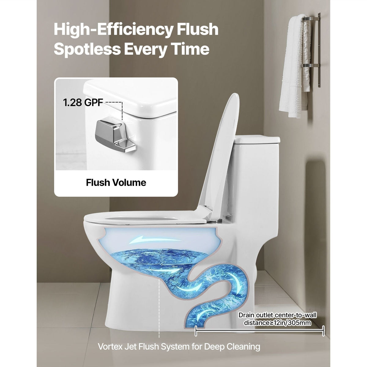 One-Piece Toilet, Elongated Toilet Vortex Left Flush 1.28 GPF, Toilets for Bathroom with Comfortable Chair Seat, Standard Height, Easy-Clean Skirted Design, 12 inch Rough-In, White + Silver