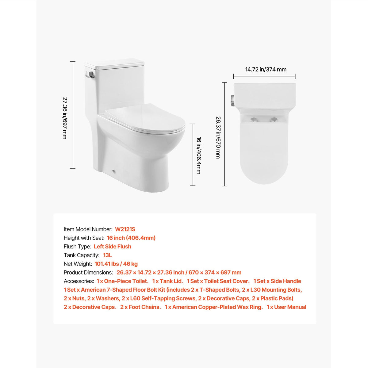 One-Piece Toilet, Elongated Toilet Vortex Left Flush 1.28 GPF, Toilets for Bathroom with Comfortable Chair Seat, Standard Height, Easy-Clean Skirted Design, 12 inch Rough-In, White + Silver