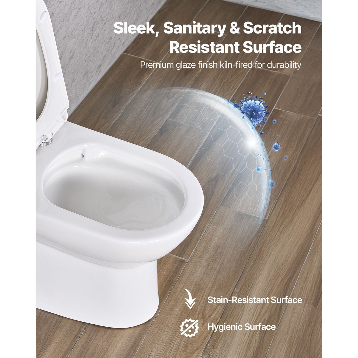 One-Piece Toilet, Elongated Toilet Vortex Left Flush 1.28 GPF, Toilets for Bathroom with Comfortable Chair Seat, Standard Height, Easy-Clean Skirted Design, 12 inch Rough-In, White + Silver