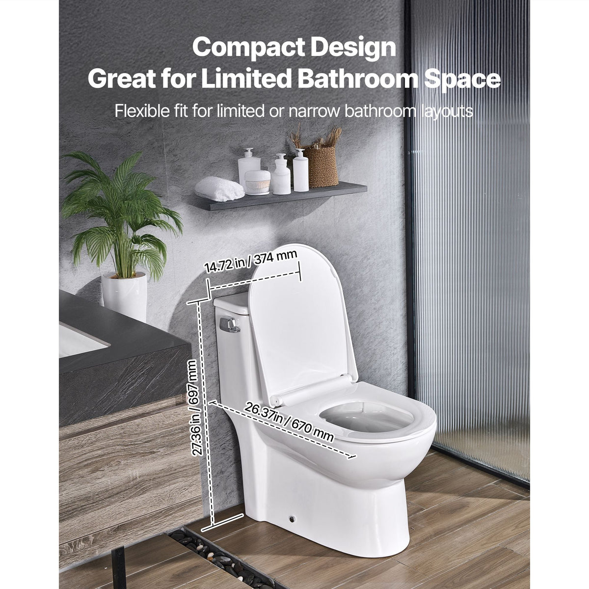 One-Piece Toilet, Elongated Toilet Vortex Left Flush 1.28 GPF, Toilets for Bathroom with Comfortable Chair Seat, Standard Height, Easy-Clean Skirted Design, 12 inch Rough-In, White + Silver