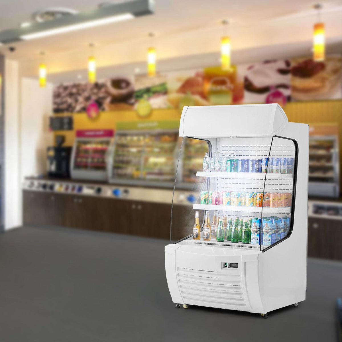 Open Air Merchandiser, 2-Tier Shelving Commercial Refrigerator, Grab and Go Display Cooler Refrigerator with Air Curtain, LED Advertising Light, Fits for Restaurants, Stores, Office, 12.7cu.ft.