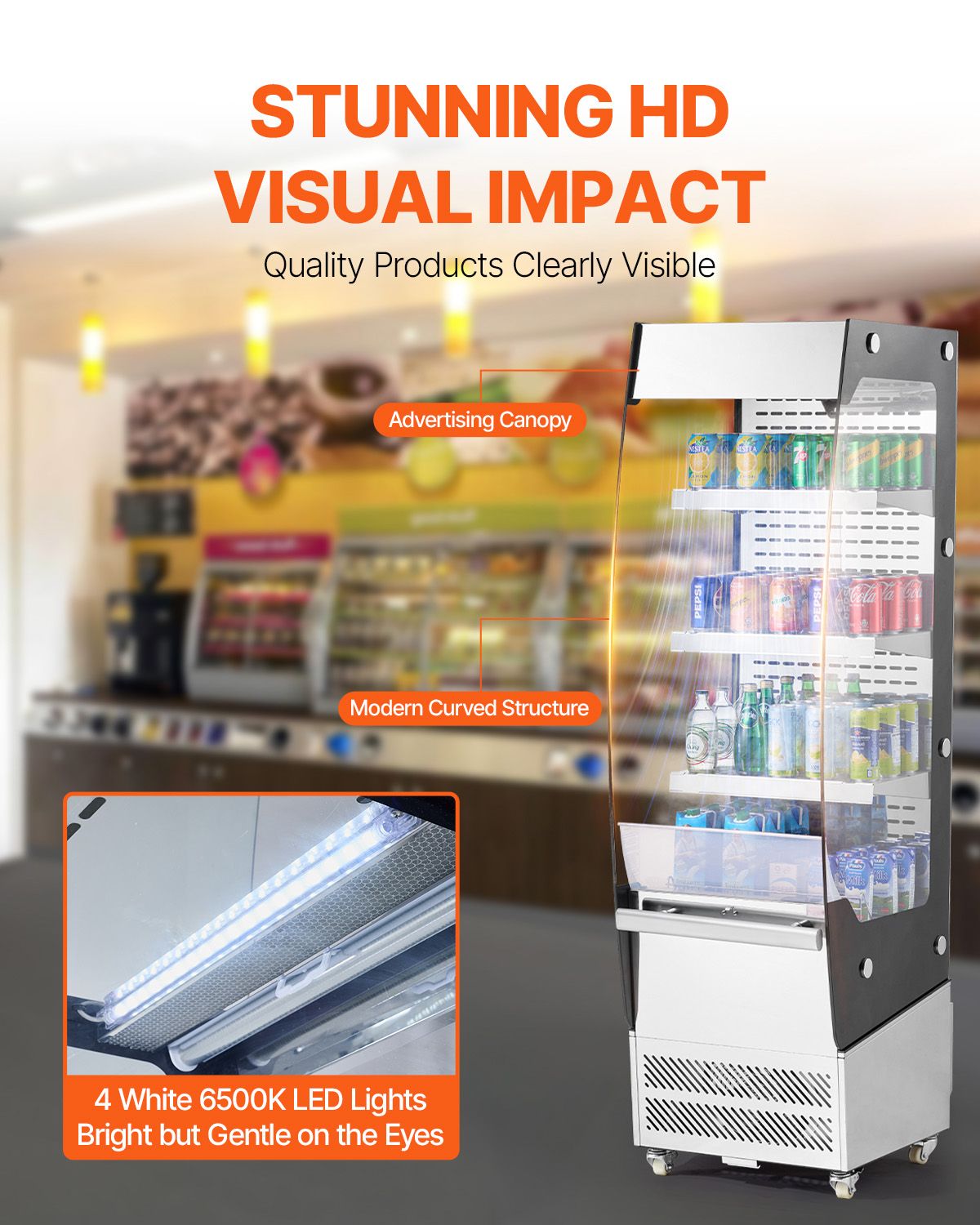 Open Air Merchandiser, 3-Tier Shelving Commercial Refrigerator, Grab and Go Display Cooler Refrigerator with Air Curtain, 4 Swivel Wheels, LED Light, for Restaurants, Stores, Office, 7.8cu.ft.