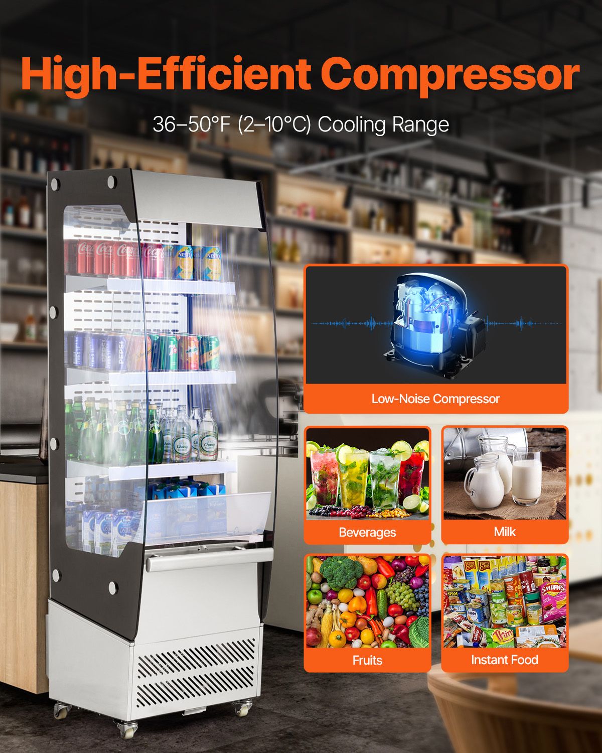 Open Air Merchandiser, 3-Tier Shelving Commercial Refrigerator, Grab and Go Display Cooler Refrigerator with Air Curtain, 4 Swivel Wheels, LED Light, for Restaurants, Stores, Office, 7.8cu.ft.