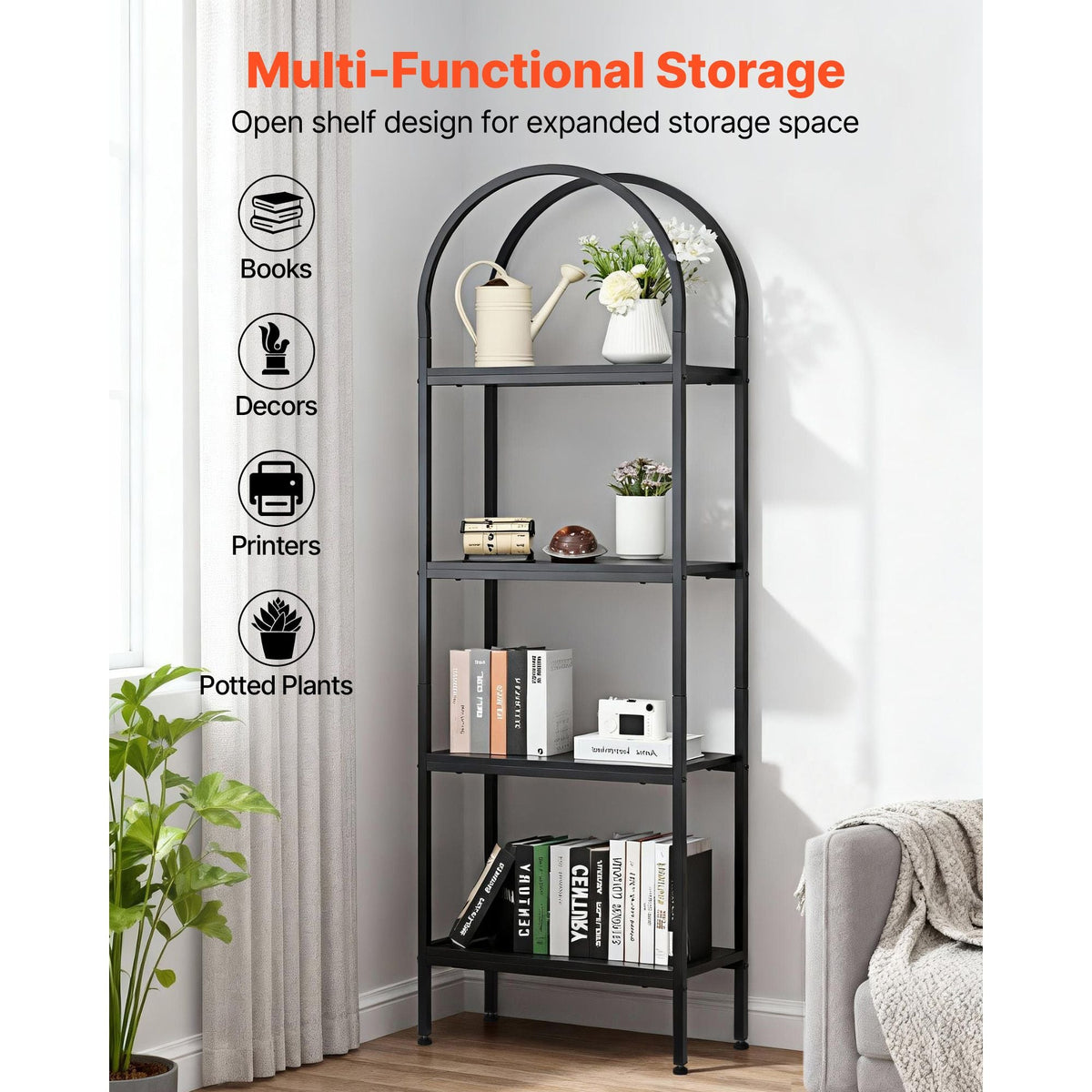 Open Bookshelf, 4-Tier, Arched Bookcase Storage Shelves with Metal Frame, Industrial Metal Book Organizer, Freestanding Display Rack Tall Shelving Unit, for Office, Bedroom, Living Room, Black