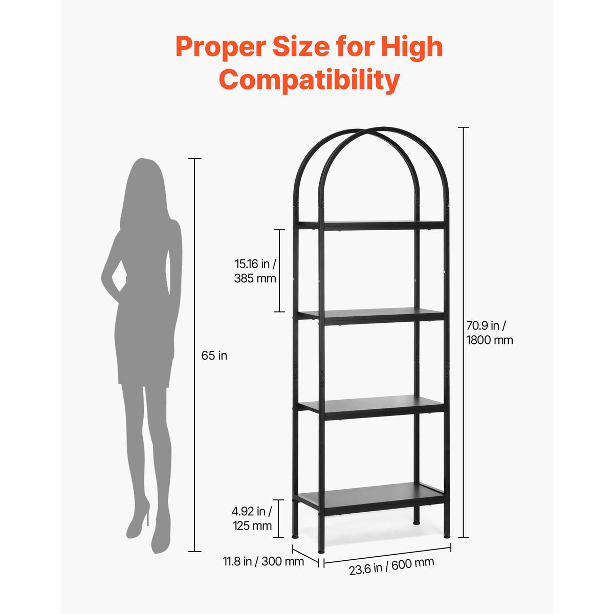 Open Bookshelf, 4-Tier, Arched Bookcase Storage Shelves with Metal Frame, Industrial Metal Book Organizer, Freestanding Display Rack Tall Shelving Unit, for Office, Bedroom, Living Room, Black
