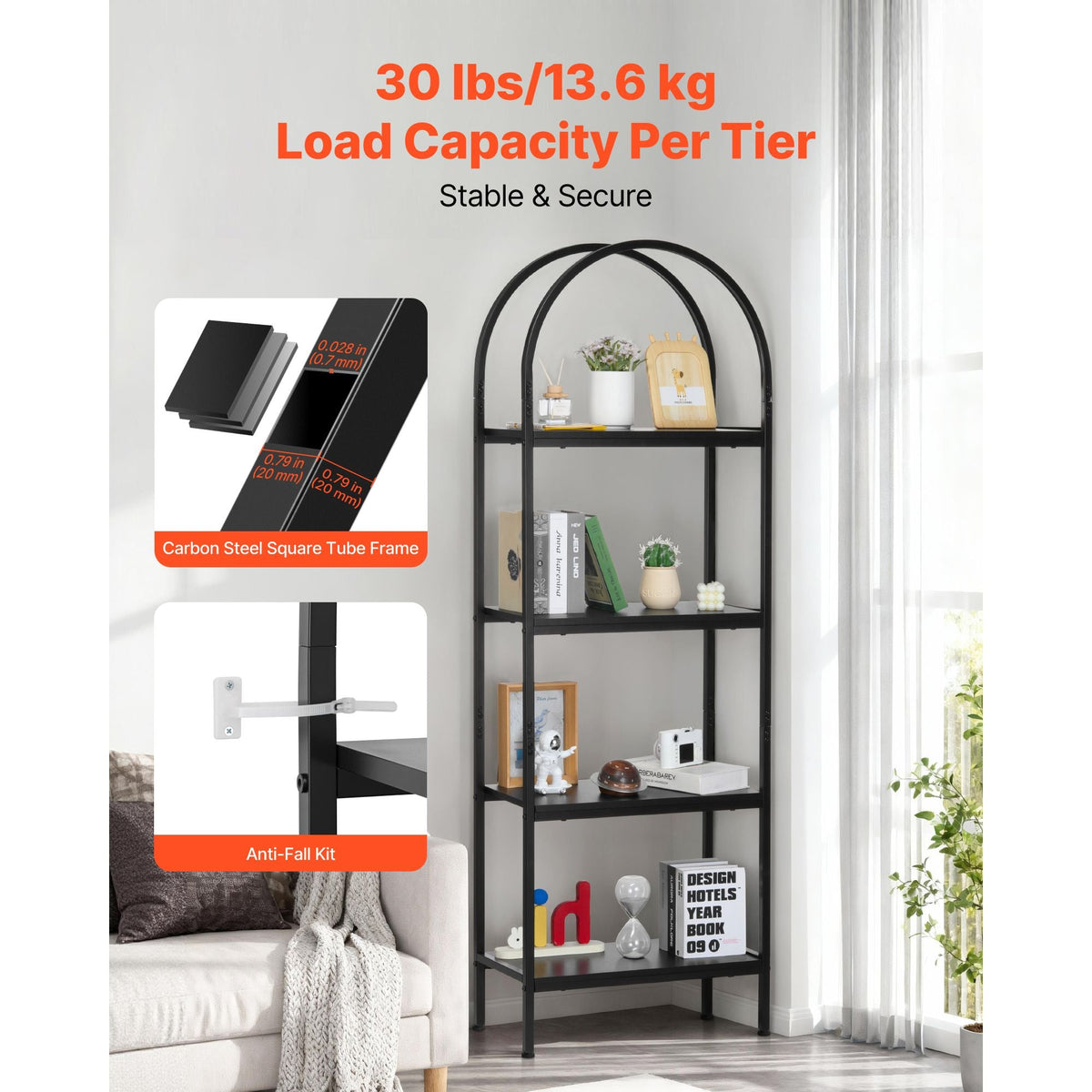Open Bookshelf, 4-Tier, Arched Bookcase Storage Shelves with Metal Frame, Industrial Metal Book Organizer, Freestanding Display Rack Tall Shelving Unit, for Office, Bedroom, Living Room, Black