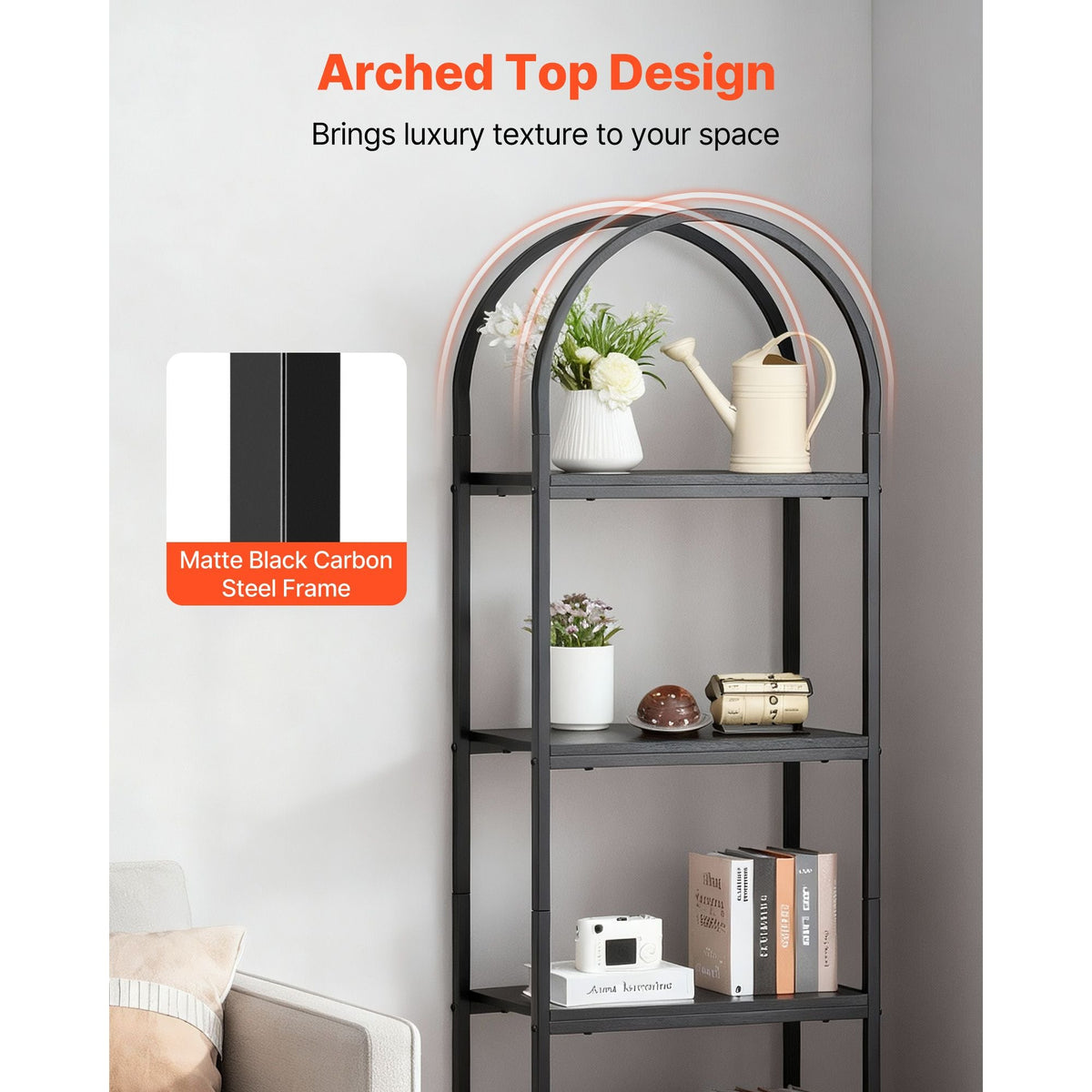 Open Bookshelf, 4-Tier, Arched Bookcase Storage Shelves with Metal Frame, Industrial Metal Book Organizer, Freestanding Display Rack Tall Shelving Unit, for Office, Bedroom, Living Room, Black