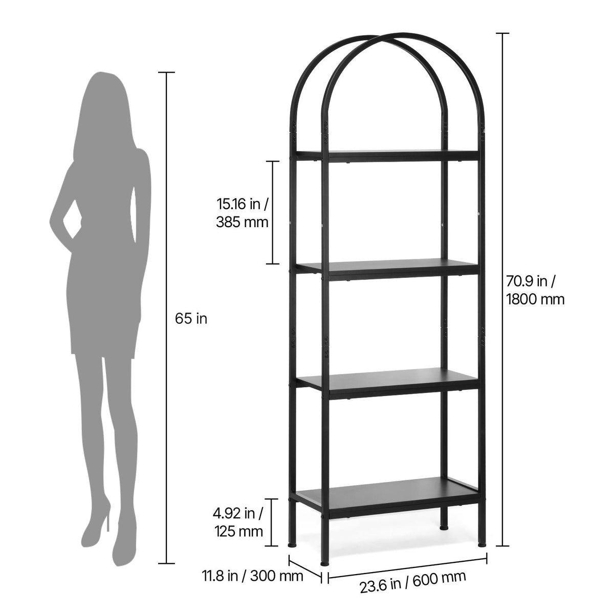 Open Bookshelf, 4-Tier, Arched Bookcase Storage Shelves with Metal Frame, Industrial Metal Book Organizer, Freestanding Display Rack Tall Shelving Unit, for Office, Bedroom, Living Room, Black