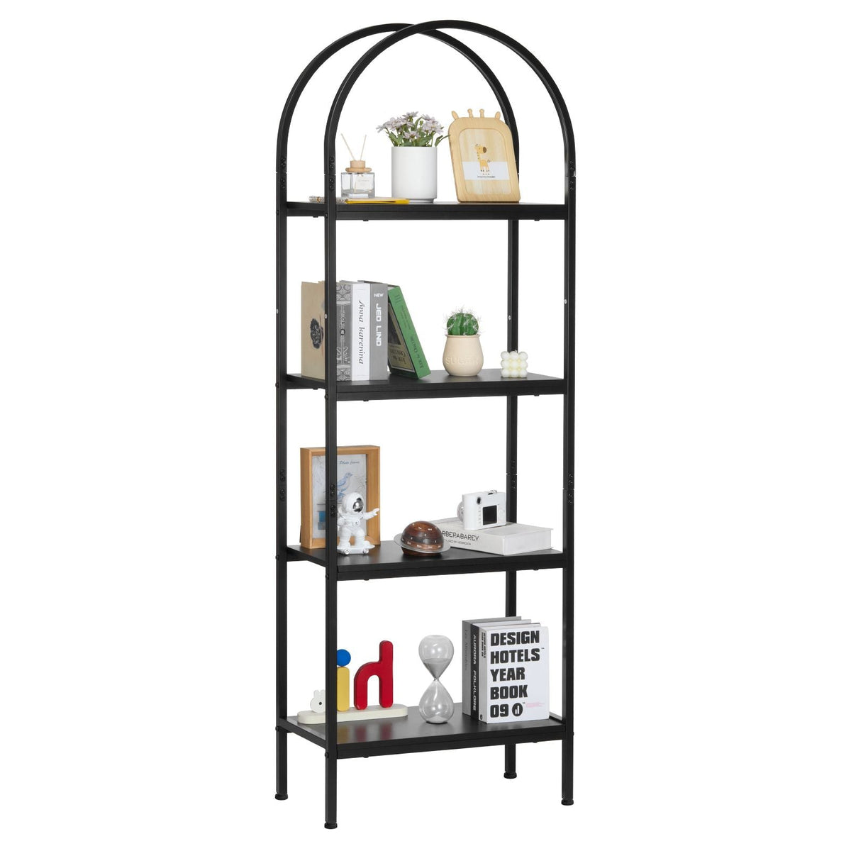 Open Bookshelf, 4-Tier, Arched Bookcase Storage Shelves with Metal Frame, Industrial Metal Book Organizer, Freestanding Display Rack Tall Shelving Unit, for Office, Bedroom, Living Room, Black