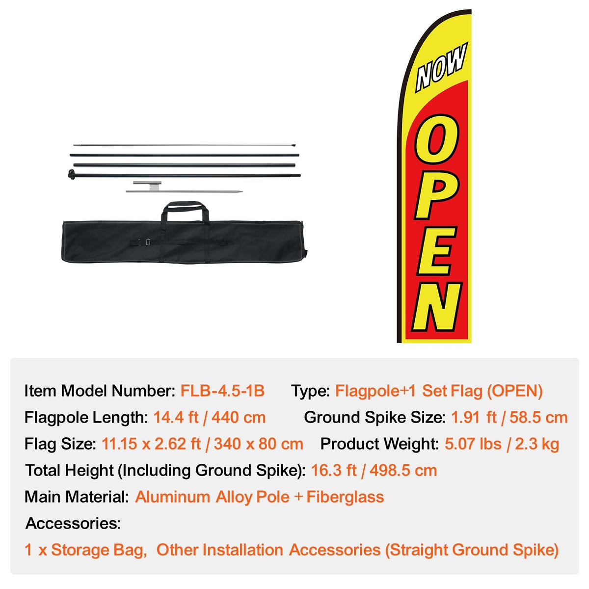 Open Flag with Pole Kit, Advertising Flag for Business Outside, Advertising Feather Flag Kit, Includes 1 Banner Flag, 1 Pole, 1 Ground Stake, Open Signs Swooper Flag for Businesses 16.3 FT