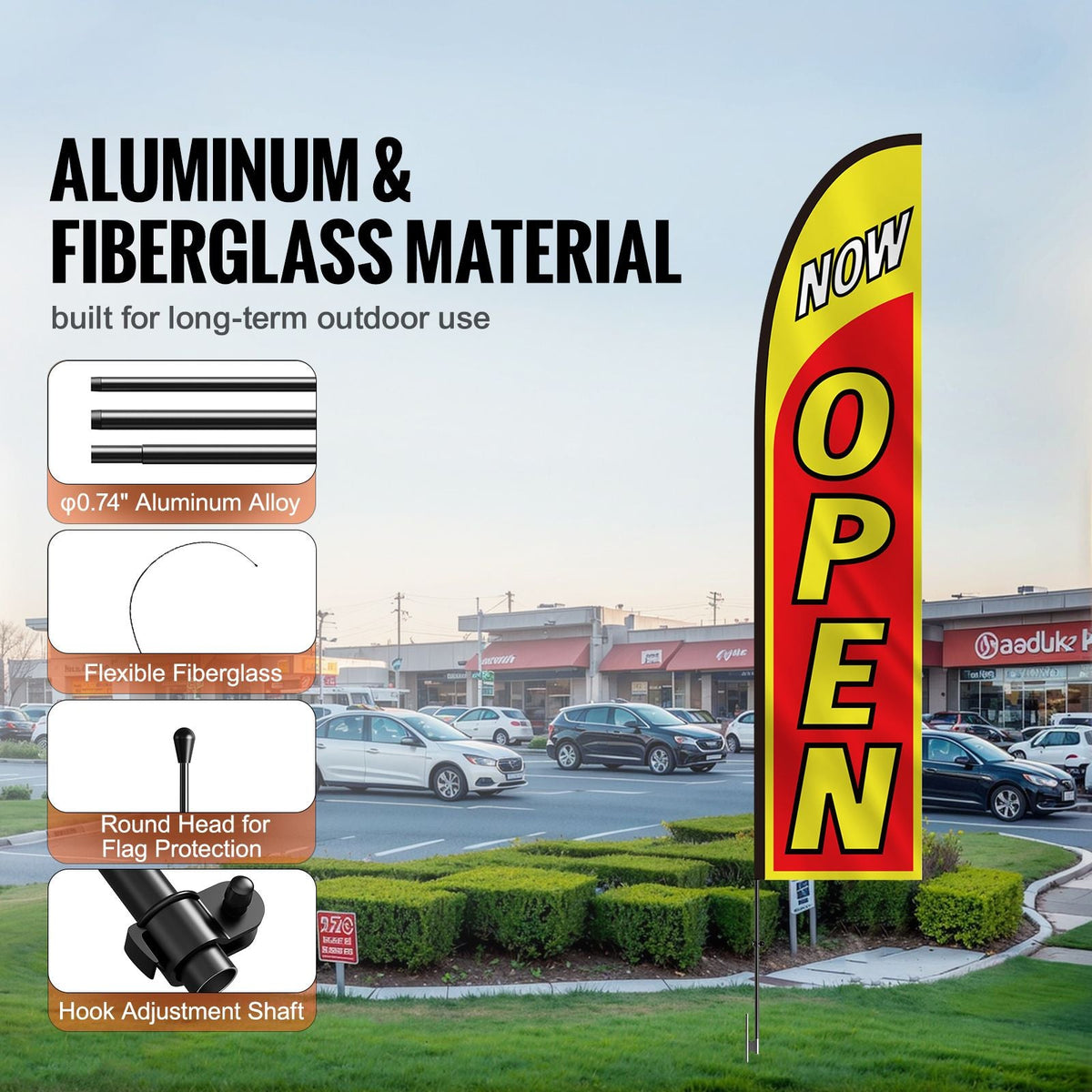 Open Flag with Pole Kit, Advertising Flag for Business Outside, Advertising Feather Flag Kit, Includes 1 Banner Flag, 1 Pole, 1 Ground Stake, Open Signs Swooper Flag for Businesses 16.3 FT