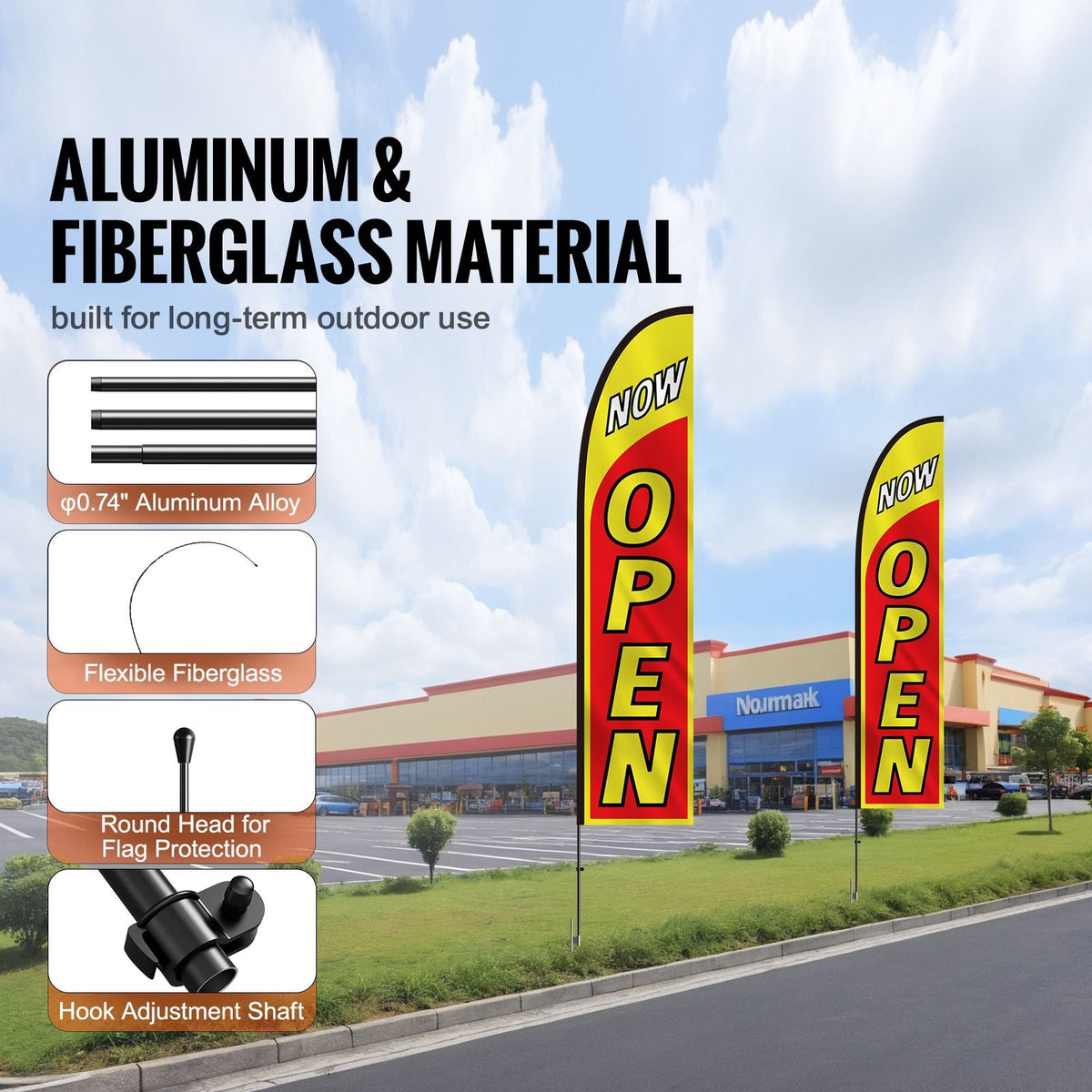 Open Flags with Pole Kit, Advertising Flags for Business Outside, Advertising Feather Flag Kit, Includes 2 Banner Flags, 2 Poles, 2 Ground Stakes, Open Sign Swooper Flags for Businesses 16.3 FT