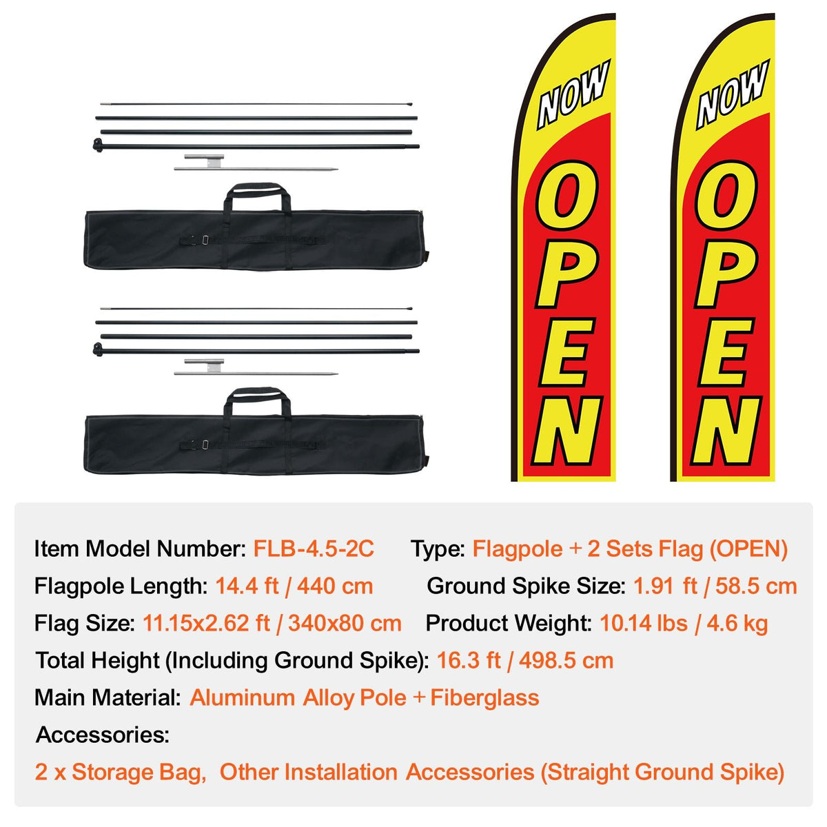 Open Flags with Pole Kit, Advertising Flags for Business Outside, Advertising Feather Flag Kit, Includes 2 Banner Flags, 2 Poles, 2 Ground Stakes, Open Sign Swooper Flags for Businesses 16.3 FT
