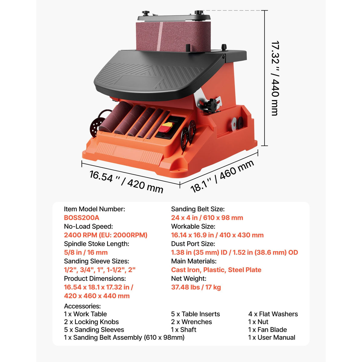 Oscillating Belt and Spindle Sander, 2400RPM Benchtop Spindle Sander with 5/8" Stroke, 5 Sleeves (1/2" - 2") & 24" x 3.86" Sanding Belt for Woodworking, Furniture Finishing, DIY Projects