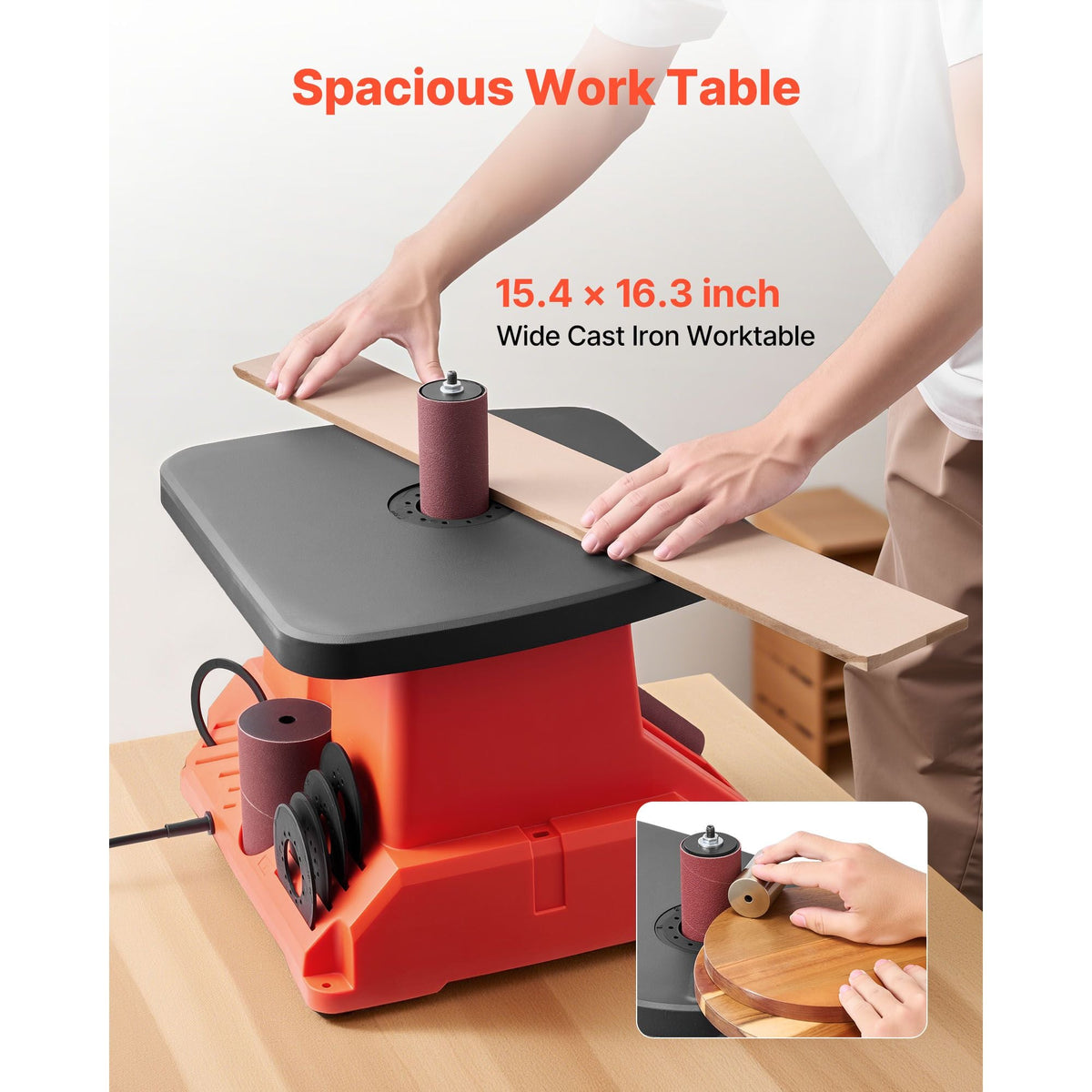 Oscillating Spindle Sander, 2400RPM Benchtop Spindle Sander with 6 Sleeves (1/2"-3"), 5/8" Stroke & 15.4 x 16.3-inch Wide Worktable for Furniture Finishing, Crafts Sanding, DIY Woodworking