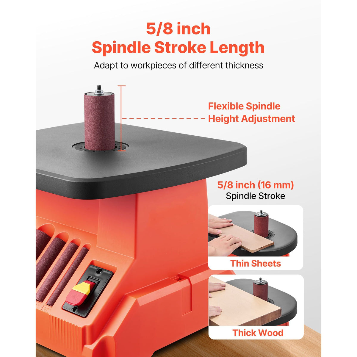 Oscillating Spindle Sander, 2400RPM Benchtop Spindle Sander with 6 Sleeves (1/2"-3"), 5/8" Stroke & 15.4 x 16.3-inch Wide Worktable for Furniture Finishing, Crafts Sanding, DIY Woodworking
