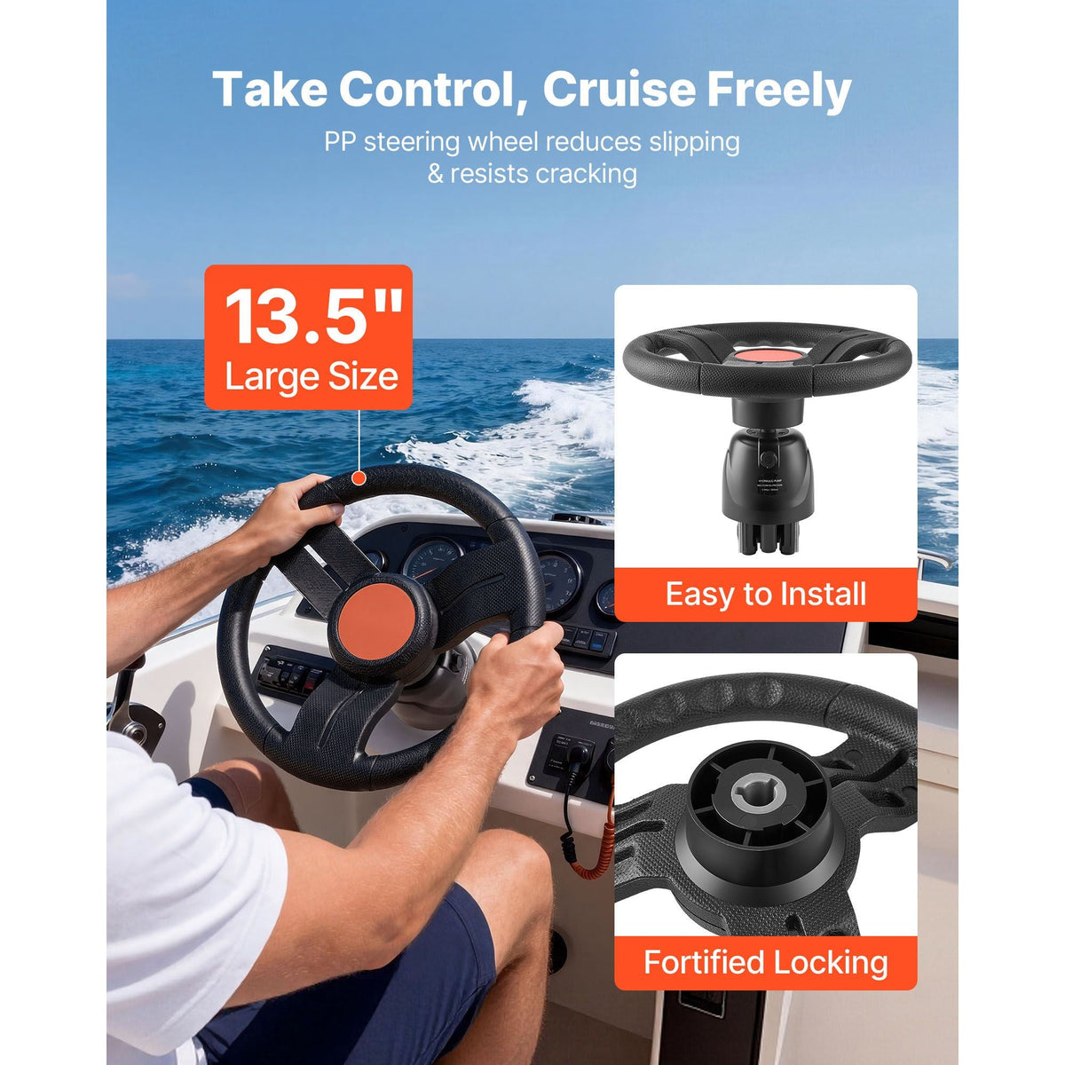 Outboard Hydraulic Steering Kit, 200 HP, Marine Boat Hydraulic Steering System with 6.9 MPa Two-Way Lock Helm Pump, Cylinder, 2 PCS 26 ft Hoses, 13.5" Wheel for Single Station, Single-Engine Use