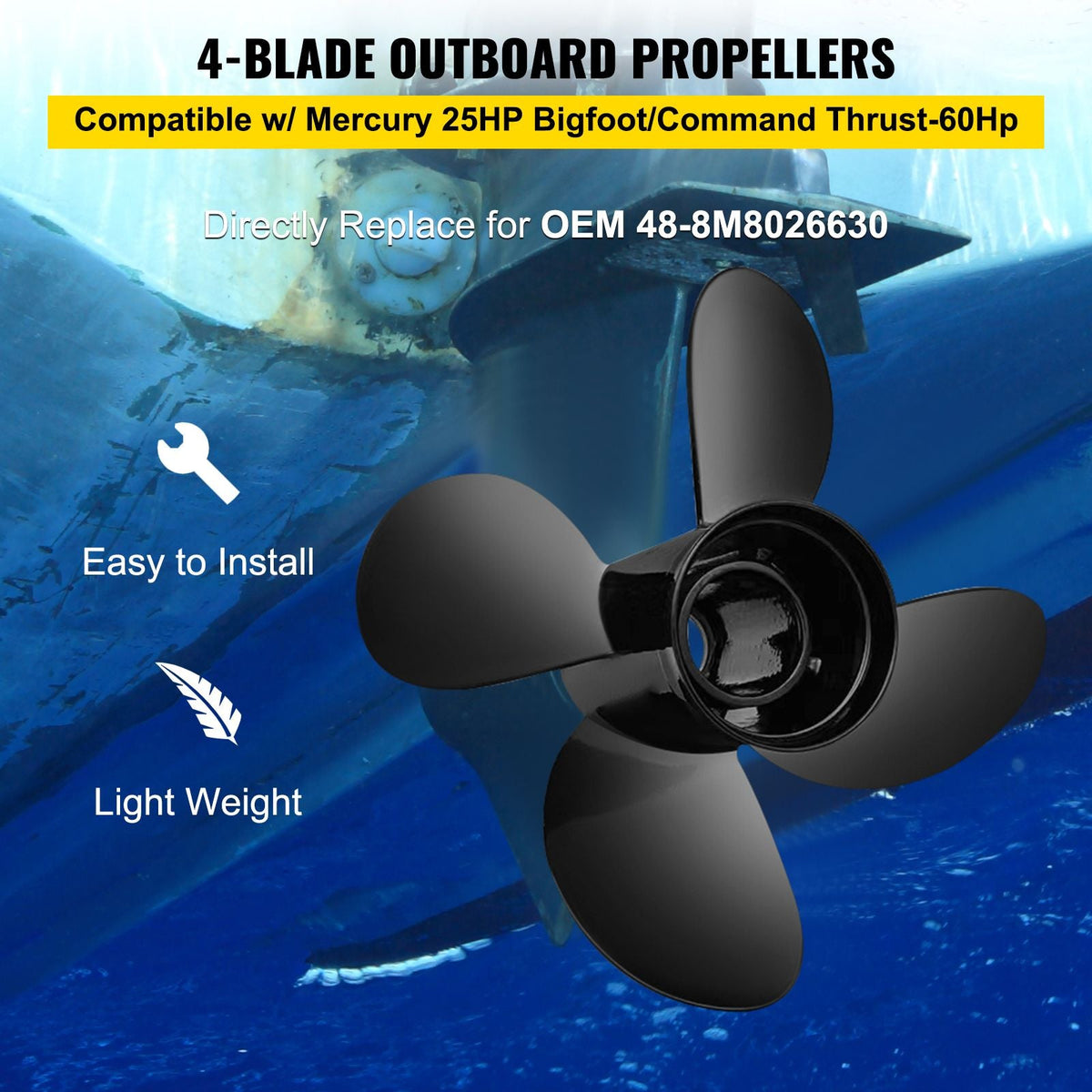Outboard Propeller, Replace for OEM 48-8M8026630, 4-Blade 10.3\" x 13\" Aluminum Boat Propeller, Compatible with Mercury Mariner 25HP Bigfoot/Command Thrust 60Hp Outboard, 13 Tooth Splines, RH