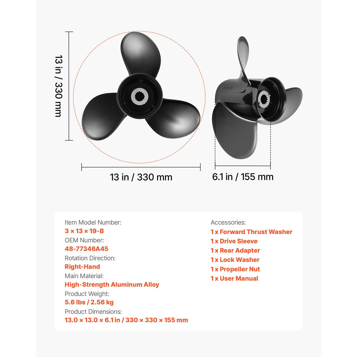 Outboard Propeller, Upgrade OEM 15 Spline Tooth Aluminum Outboard Boat Propeller Fit Mercury Engines 40-140 HP, 4-1/4" Gearcase, 3-Blade, RH (Right Hand Rotation), OEM Parts No. 48-77346A45