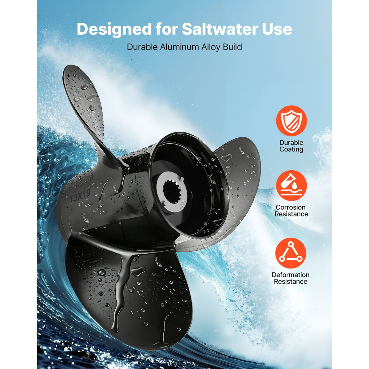 Outboard Propeller, Upgrade OEM 15 Spline Tooth Aluminum Outboard Boat Propeller Fit Mercury Engines 40-140 HP, 4-1/4" Gearcase, 3-Blade, RH (Right Hand Rotation), OEM Parts No. 48-77346A45
