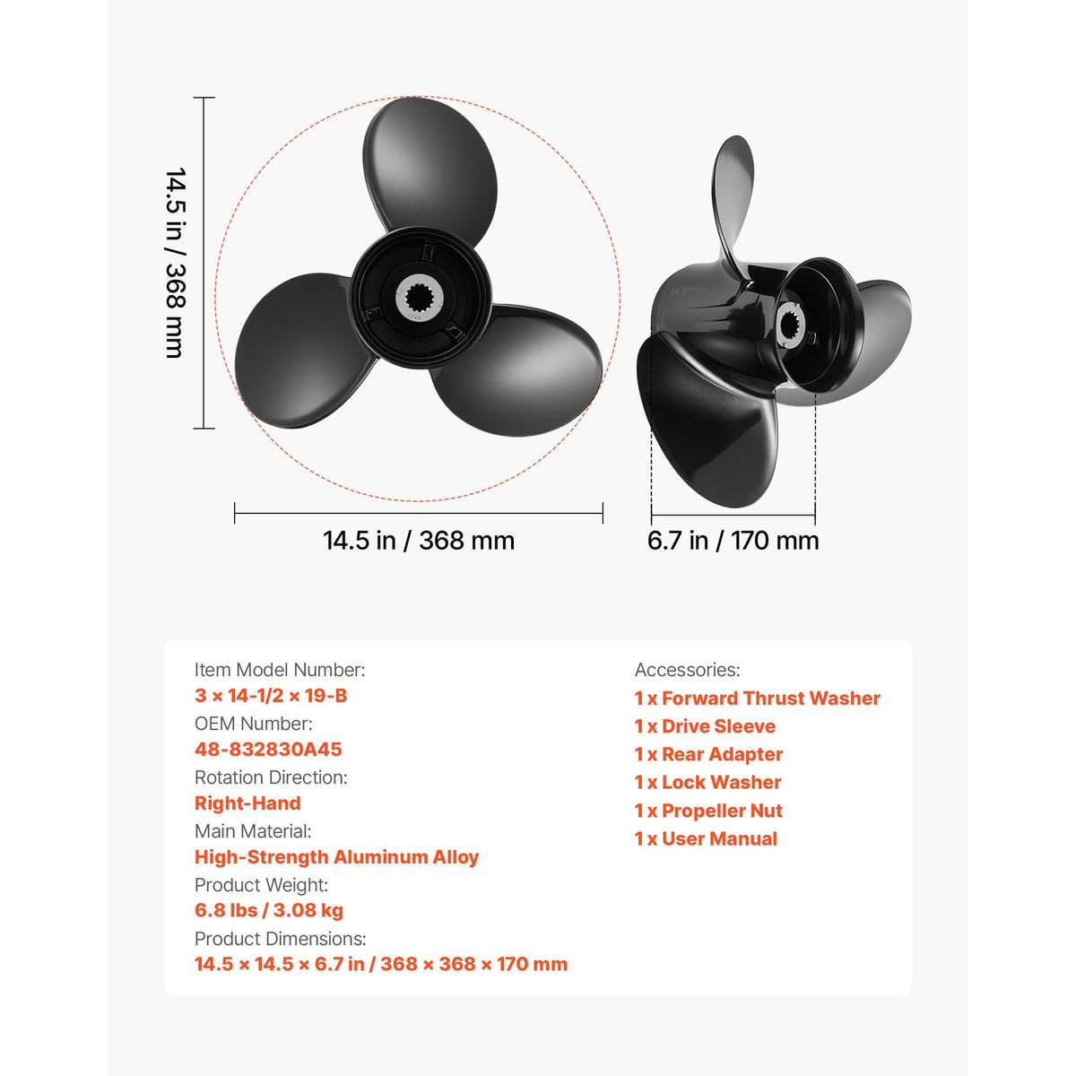 Outboard Propeller, Upgrade OEM 15 Spline Tooth Aluminum Outboard Boat Propeller Fit Mercury/Mariner Engines 135-300 HP, 4-3/4" Gearcase, 3-Blade, RH (Right Hand Rotation), OEM No. 48-832830A45