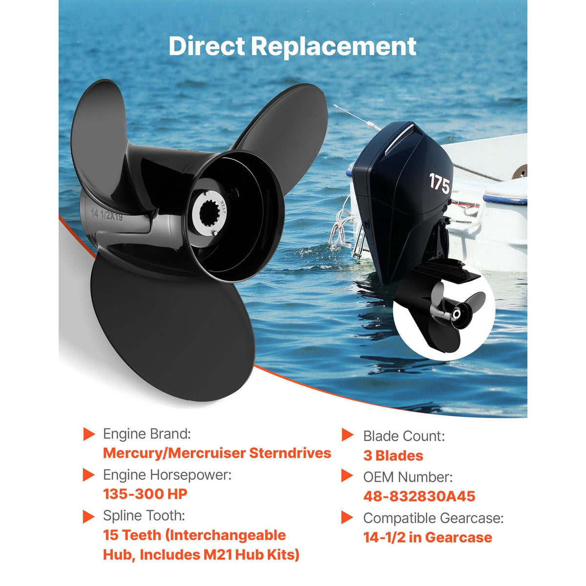 Outboard Propeller, Upgrade OEM 15 Spline Tooth Aluminum Outboard Boat Propeller Fit Mercury/Mariner Engines 135-300 HP, 4-3/4" Gearcase, 3-Blade, RH (Right Hand Rotation), OEM No. 48-832830A45