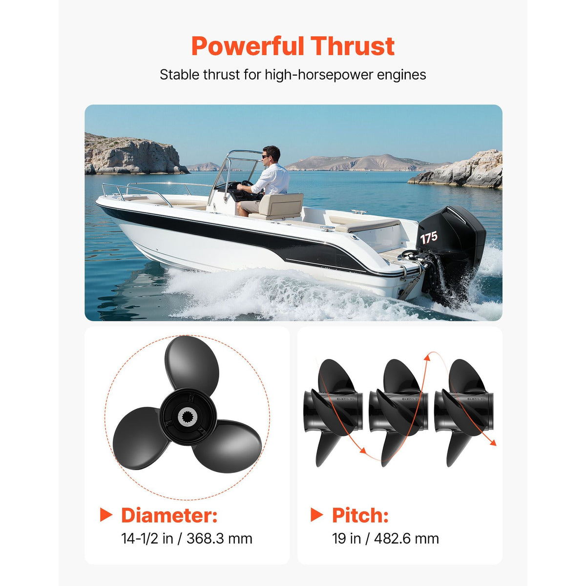 Outboard Propeller, Upgrade OEM 15 Spline Tooth Aluminum Outboard Boat Propeller Fit Mercury/Mariner Engines 135-300 HP, 4-3/4" Gearcase, 3-Blade, RH (Right Hand Rotation), OEM No. 48-832830A45