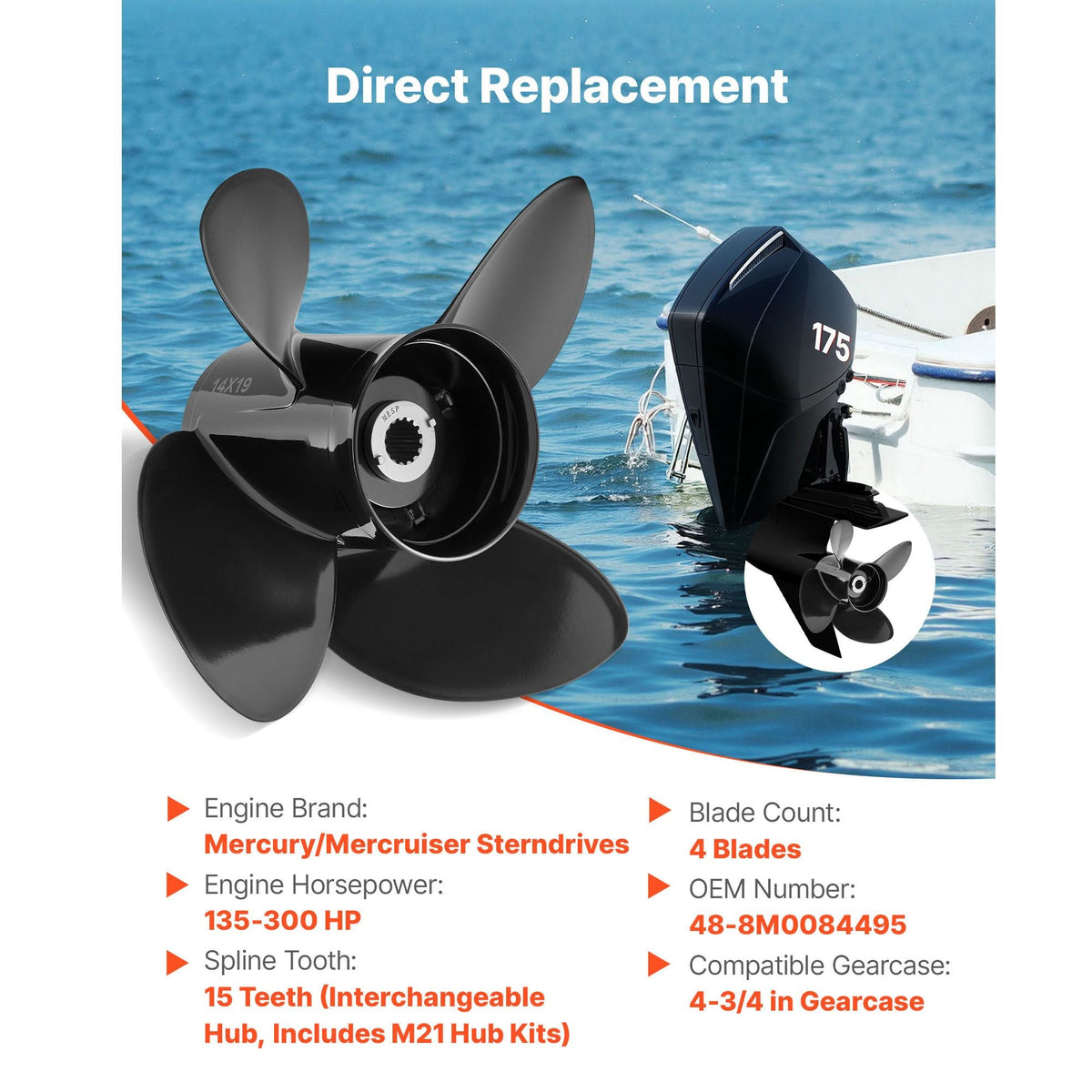 Outboard Propeller, Upgrade OEM 15 Spline Tooth Aluminum Outboard Boat Propeller Fit Mercury/Mariner Engines 135-300 HP, 4-3/4" Gearcase, 4-Blade, RH (Right Hand Rotation), OEM No. 48-8M0084495