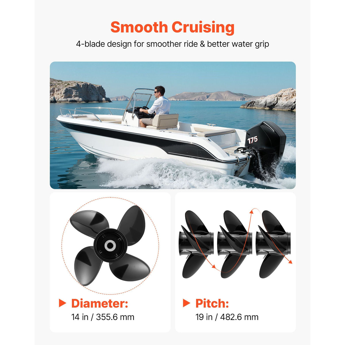 Outboard Propeller, Upgrade OEM 15 Spline Tooth Aluminum Outboard Boat Propeller Fit Mercury/Mariner Engines 135-300 HP, 4-3/4" Gearcase, 4-Blade, RH (Right Hand Rotation), OEM No. 48-8M0084495