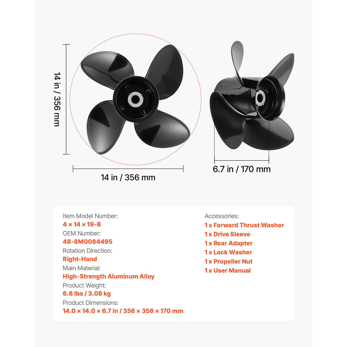 Outboard Propeller, Upgrade OEM 15 Spline Tooth Aluminum Outboard Boat Propeller Fit Mercury/Mariner Engines 135-300 HP, 4-3/4" Gearcase, 4-Blade, RH (Right Hand Rotation), OEM No. 48-8M0084495