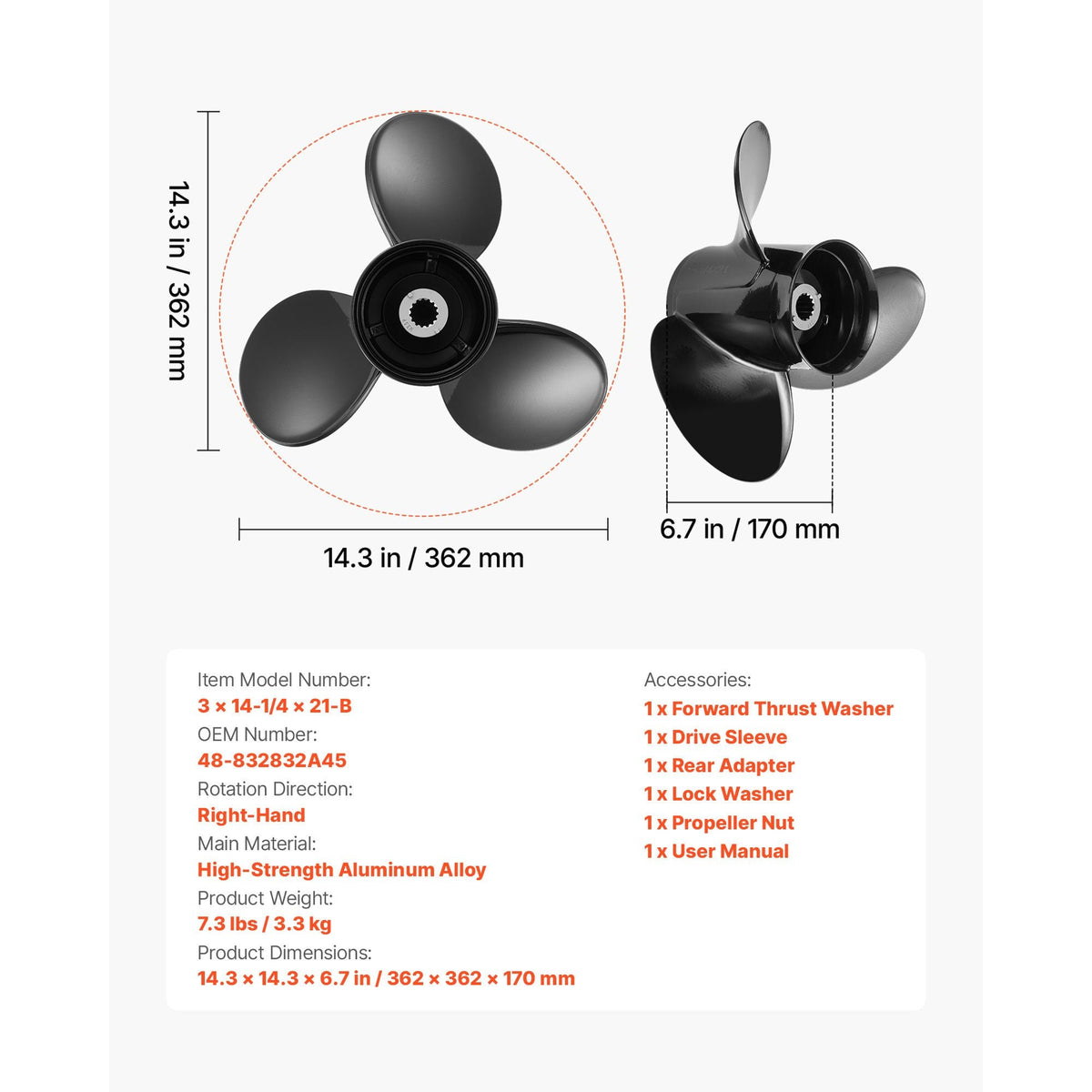 Outboard Propeller, Upgrade OEM 15 Spline Tooth Aluminum Outboard Boat Propeller Fit Mercury/Mariner Engines 90-400 HP, 4-3/4" Gearcase, 3-Blade, RH (Right Hand Rotation), OEM No. 48-832832A45