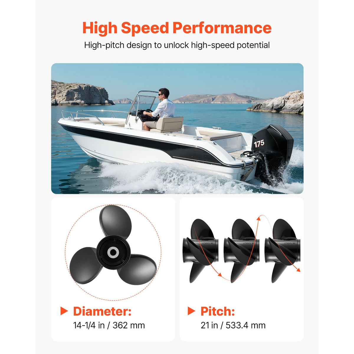 Outboard Propeller, Upgrade OEM 15 Spline Tooth Aluminum Outboard Boat Propeller Fit Mercury/Mariner Engines 90-400 HP, 4-3/4" Gearcase, 3-Blade, RH (Right Hand Rotation), OEM No. 48-832832A45