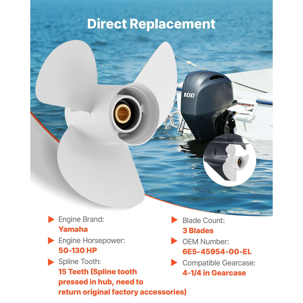 Outboard Propeller, Upgrade OEM 15 Spline Tooth Aluminum Outboard Boat Propeller Fit Yamaha Engines 50-130 HP, 4-1/4" Gearcase, 3-Blade, RH (Right Hand Rotation), OEM Parts No. 6E5-45954-00-EL