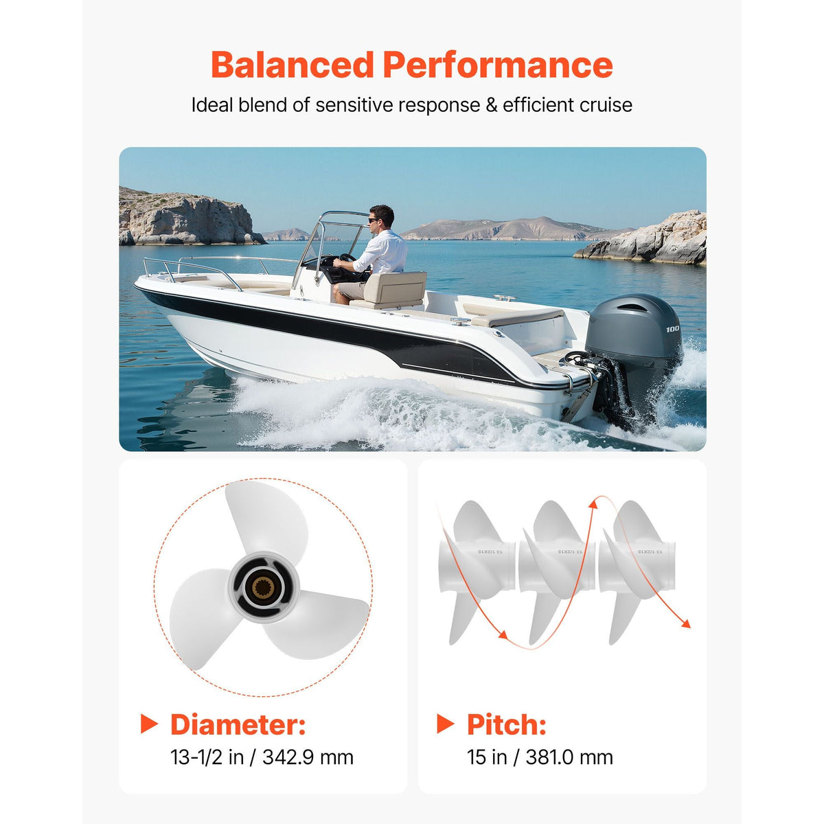 Outboard Propeller, Upgrade OEM 15 Spline Tooth Aluminum Outboard Boat Propeller Fit Yamaha Engines 60-130 HP, 4-1/4" Gearcase, 3-Blade, RH (Right Hand Rotation), OEM Parts No. 6E5-45947-00-EL