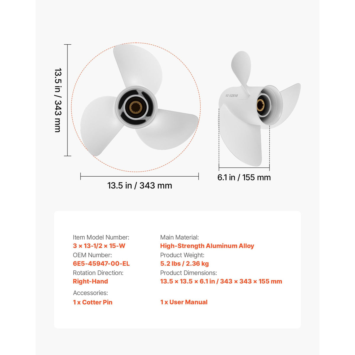 Outboard Propeller, Upgrade OEM 15 Spline Tooth Aluminum Outboard Boat Propeller Fit Yamaha Engines 60-130 HP, 4-1/4" Gearcase, 3-Blade, RH (Right Hand Rotation), OEM Parts No. 6E5-45947-00-EL