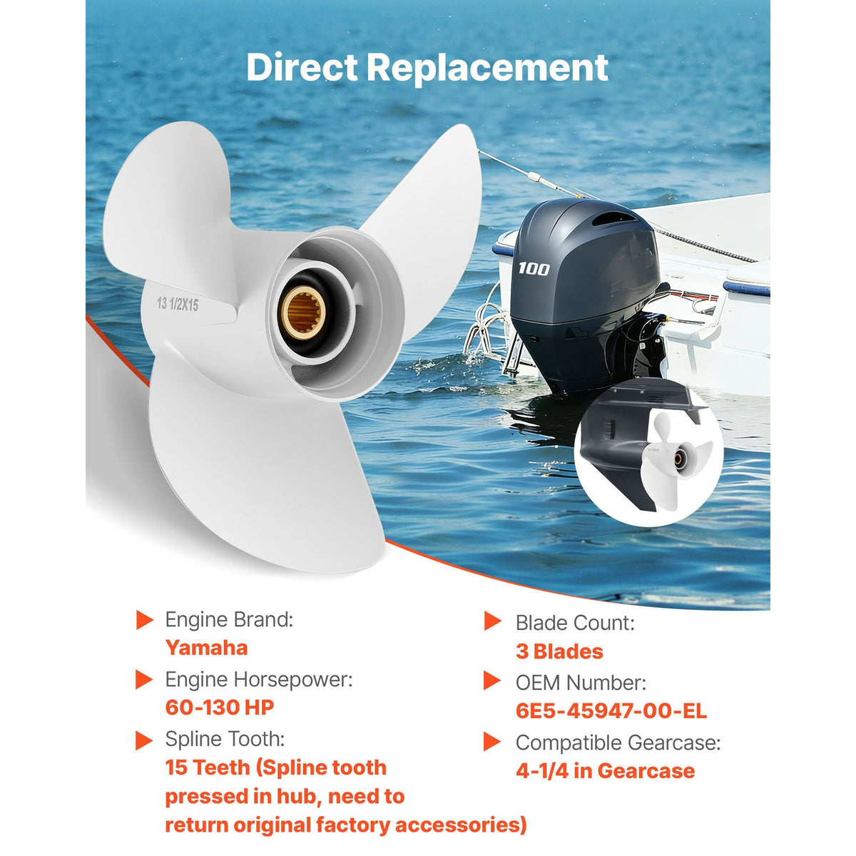 Outboard Propeller, Upgrade OEM 15 Spline Tooth Aluminum Outboard Boat Propeller Fit Yamaha Engines 60-130 HP, 4-1/4" Gearcase, 3-Blade, RH (Right Hand Rotation), OEM Parts No. 6E5-45947-00-EL