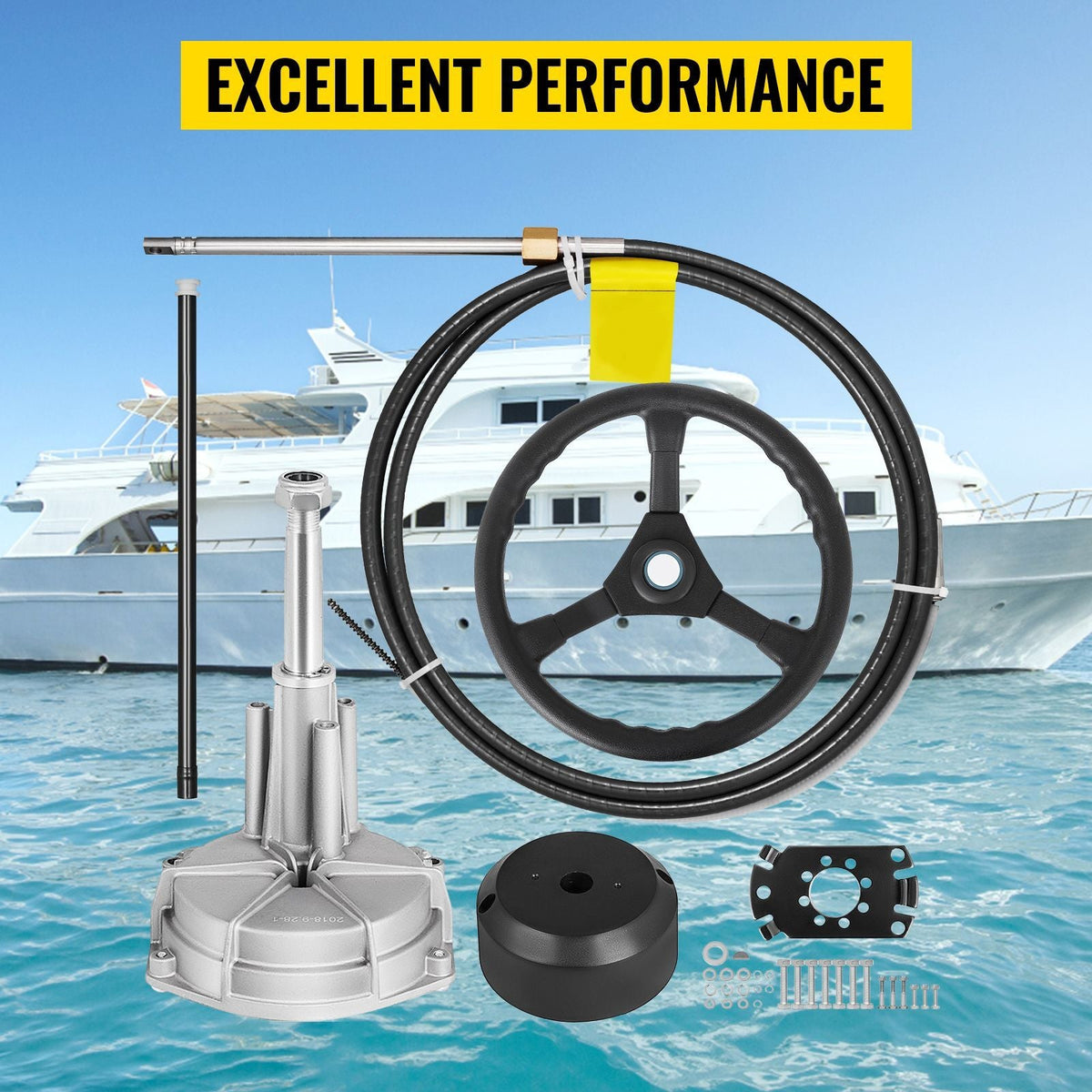 Outboard Steering System 10\' Boat Steering Cable 10 Feet Marine Steering System 3/4\'\' Shaft with 13.5 Inch Wheel for Yachts and Waterborne Vehicles