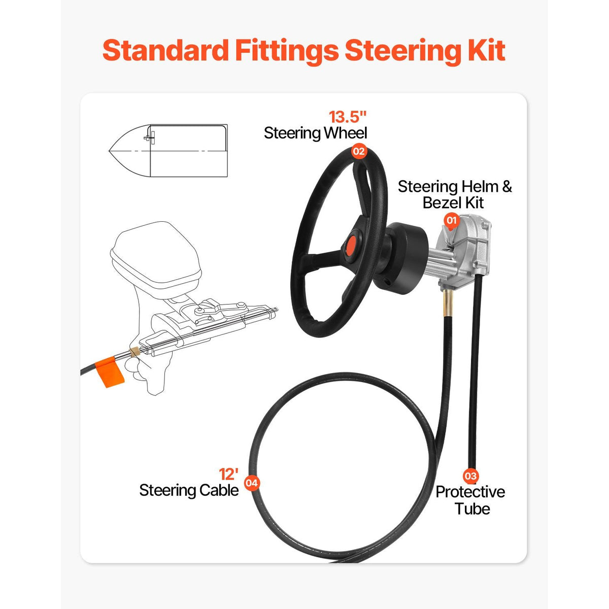 Outboard Steering System 10' Steering Cable Marine Steering System 3/4'' Steering Shaft with 13.5 Inch Wheel Flat Interface Marine Steering Kit for Yachts and Waterborne Vehicles, Black