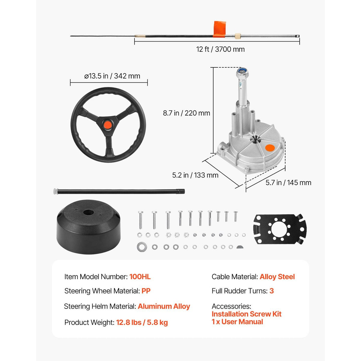 Outboard Steering System 10' Steering Cable Marine Steering System 3/4'' Steering Shaft with 13.5 Inch Wheel Flat Interface Marine Steering Kit for Yachts and Waterborne Vehicles, Black