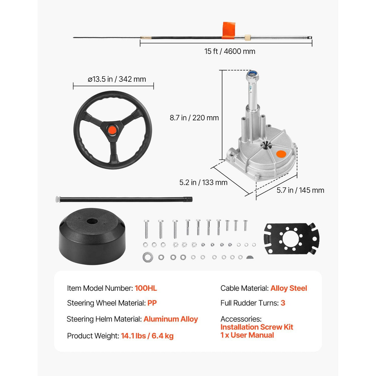Outboard Steering System SS13715 Safe-T Quick Connect Rotary Steering System 15' Steering Cable With 13" Wheel Durable Marine Steering System